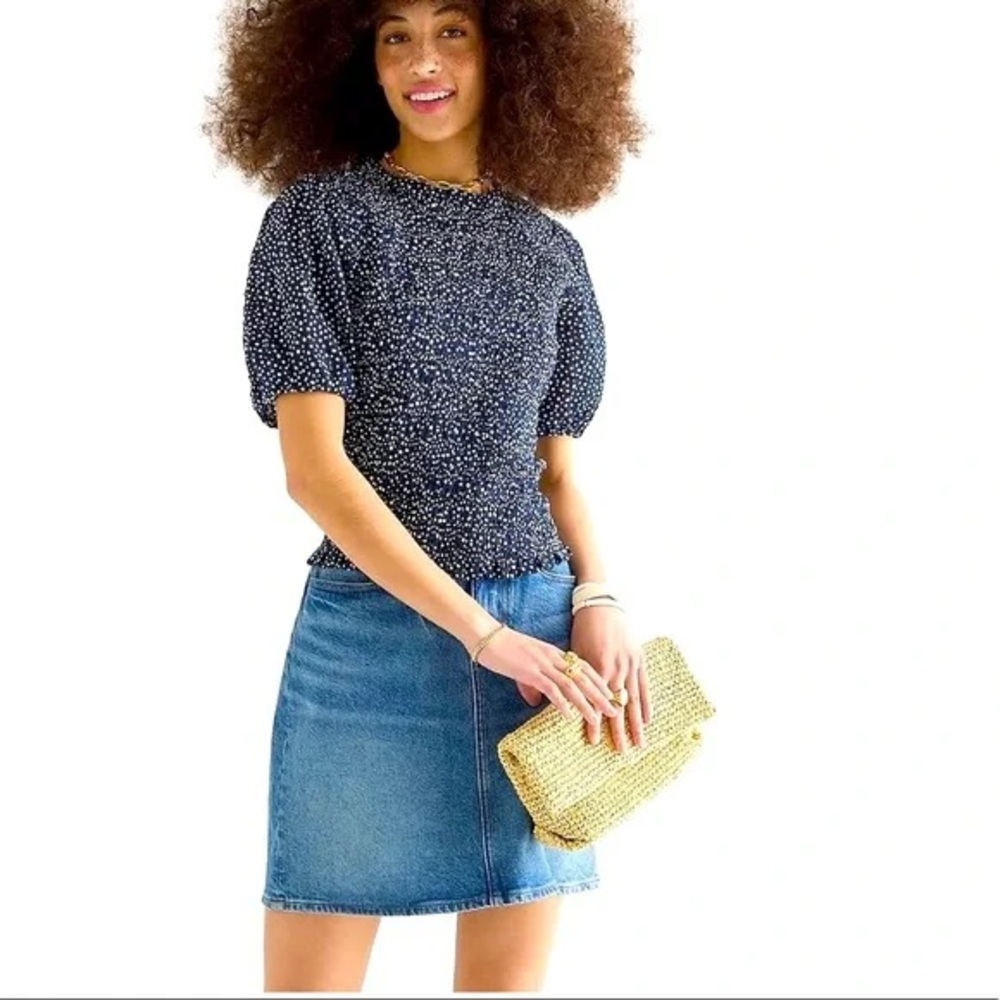 J. Crew Puff Sleeve Textured Voile Smocked Top in Dot Navy Size S